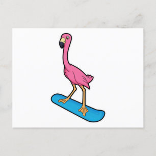 Carte Postale Flamant rose en snowboardeur avec planche à neige