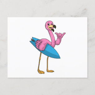 Carte Postale Flamant rose en surfeur avec planche de surf