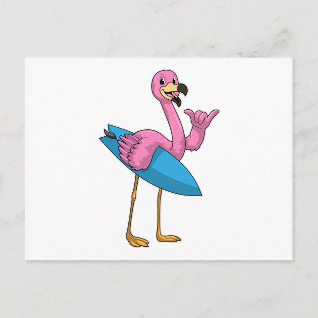 Carte Postale Flamant rose en surfeur avec planche de surf (Devant)