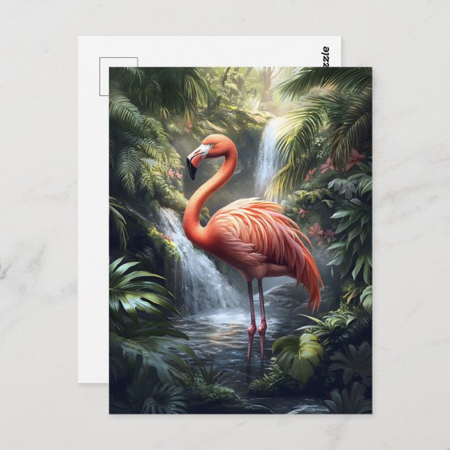 Carte Postale Flamant rose et cascade de la Jungle (Devant / Derrière)