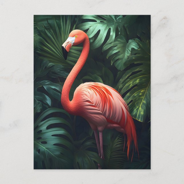 Carte Postale Flamant rose et Feuilles de la Jungle (Devant)