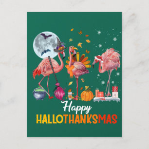 Carte Postale Flamant rose Halloween Et Joyeux Noël Happy Hallo