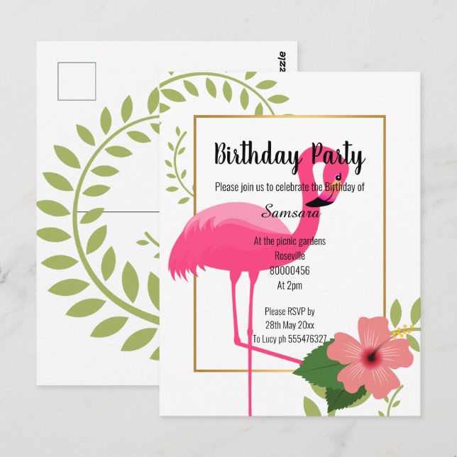 CARTE POSTALE FLAMANT ROSE HIBISCUS BLANC OR ANNIVERSAIRE (Devant / Derrière)