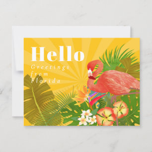 Carte Postale Flamant rose Jaune Orange Bonjour
