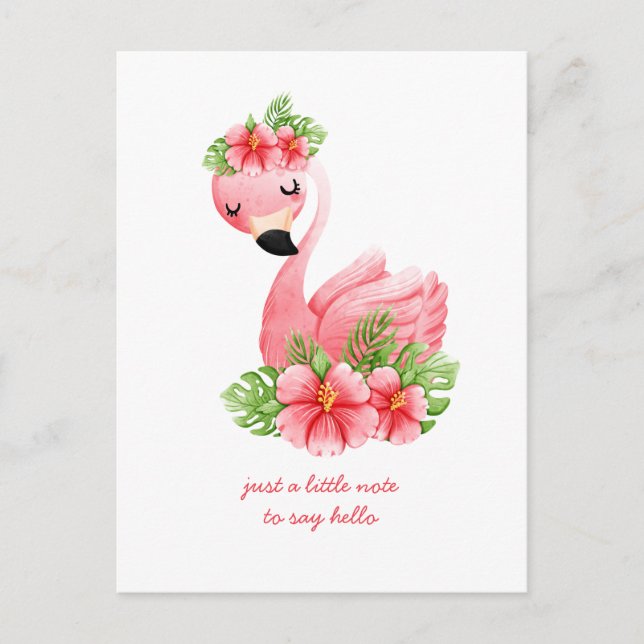 Carte Postale Flamant Rose Pensif Fleurs Tropicales Pos (Devant)