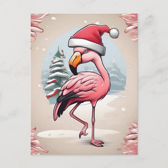 Carte Postale Flamant rose portant un chapeau santa à côté du sa (Devant)