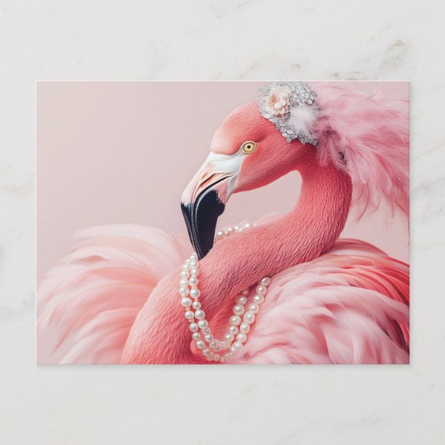 Carte Postale Flamant rose rose élégant avec perles et plumes (Devant)