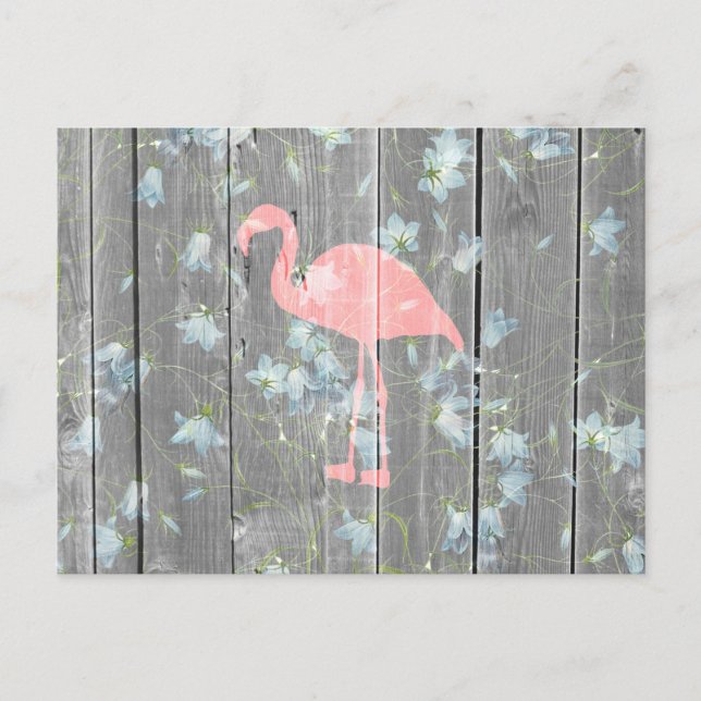 Carte Postale Flamant rose rose Floral Gris Rustique Bois Imprim (Devant)