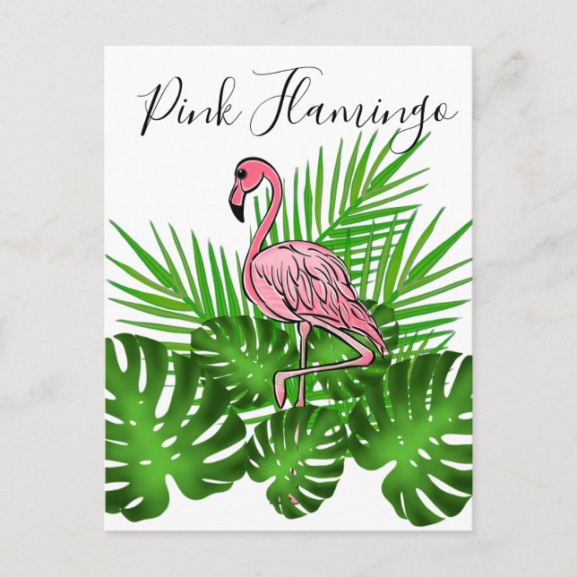 Carte Postale Flamant rose rose, jungle tropicale Feuilles (Devant)