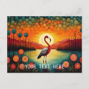 Carte Postale Flamant rose rose Lac Sunset Coloré Floral