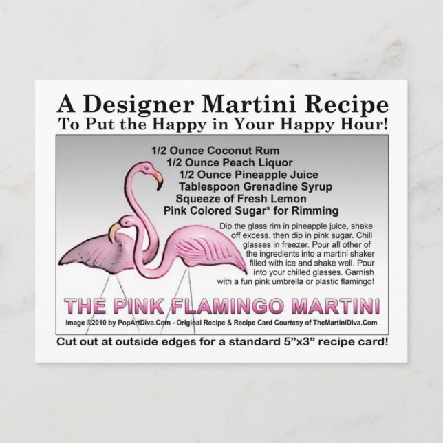 Carte postale Flamant rose rose Martini Recette (Devant)
