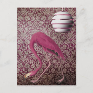 Carte Postale Flamant rose rose sur papier peint Vintage