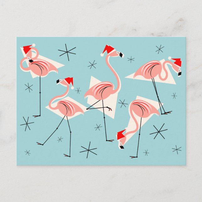 Carte postale Flamant rose Santas Blue (Devant)