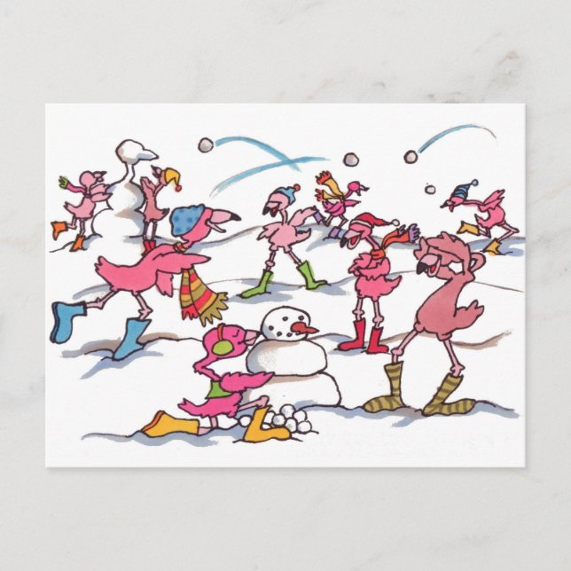 Carte postale Flamant rose Snowball Fight (Devant)