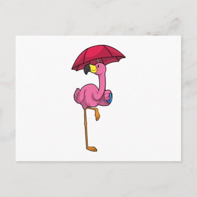 Carte Postale Flamant rose sous la pluie avec parapluie (Devant)