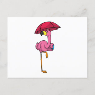Carte Postale Flamant rose sous la pluie avec un parapluie