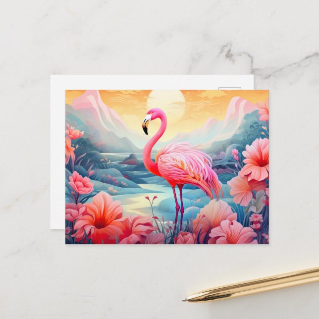 Carte Postale Flamant Tropical avec Fleurs (Devant/Arrière en situation)