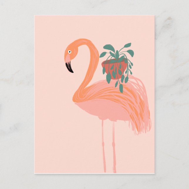 Carte Postale Flamant tropical avec plante en pot dessinée à la  (Devant)