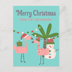 Carte Postale Flamants roses de Noël tropical sur sarcelle