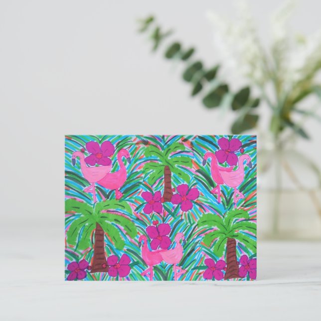 Carte Postale Flamants roses et palmiers (Debout devant)