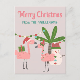 Carte Postale Flamants roses rose de Noël tropicaux sur Blush