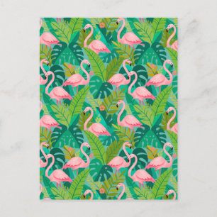 Carte Postale Flamants roses tropicaux Feuillage de la jungle
