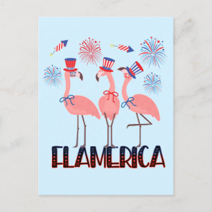 Carte Postale Flamerica 4 juillet Flamant rose Amoureux Indépend