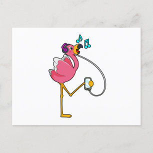 Carte Postale Flamingo at Music with Headphone