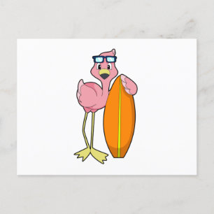 Carte Postale Flamingo en surfeur avec planche de surf.PNG