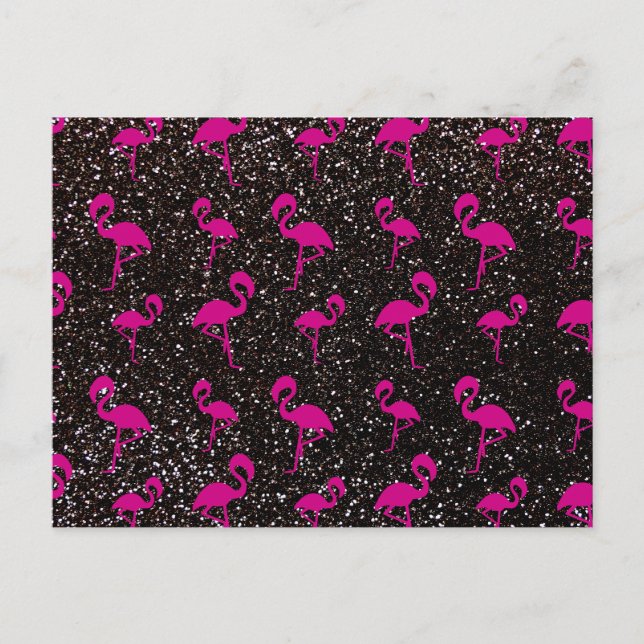 Carte Postale Flamingo rose parties scintillant noire (Devant)