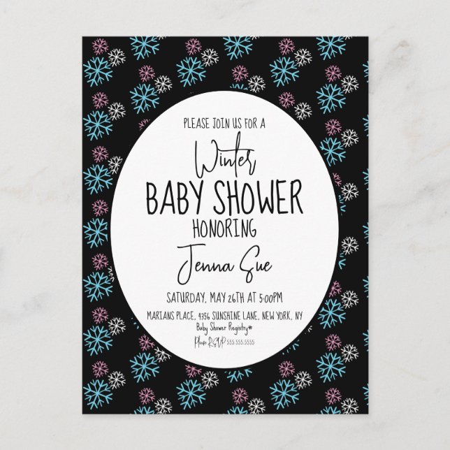 Carte Postale Flammes de neige d'hiver Baby shower bleu rose noi (Devant)
