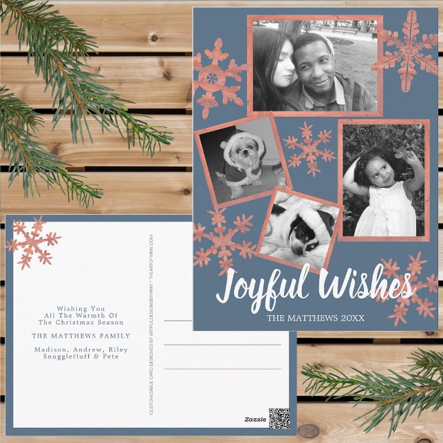 Carte Postale Fléau de neige rustique bleu moderne 4 Photo Noël (Personalize these rustic snowflake holiday postcards for one of a kind Christmas cheer this year.)