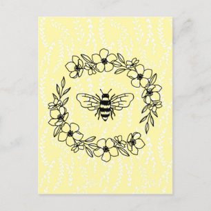 Carte Postale Fleur Abeille Wreath Jaune Floral