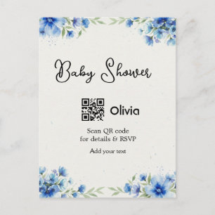 Carte Postale Fleur aquarelle bleue bébé shower scan QR RSVP pa