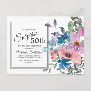 Carte Postale Fleur aquarelle rose bleu violet 50e anniversaire