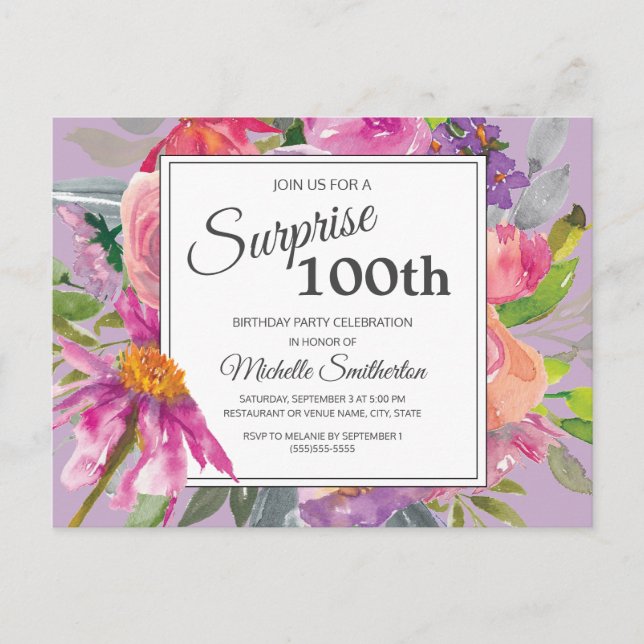 Carte Postale Fleur aquarelle rose violet 100e anniversaire (Devant)