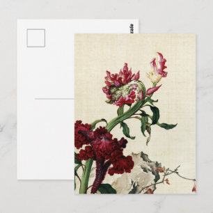 Carte Postale Fleur Art à crête de coq rouge de style chinoiseri