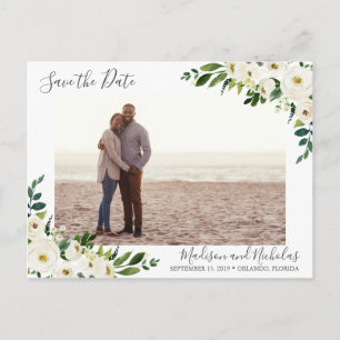 Carte Postale Fleur blanche et photo verte Enregistrer la date C