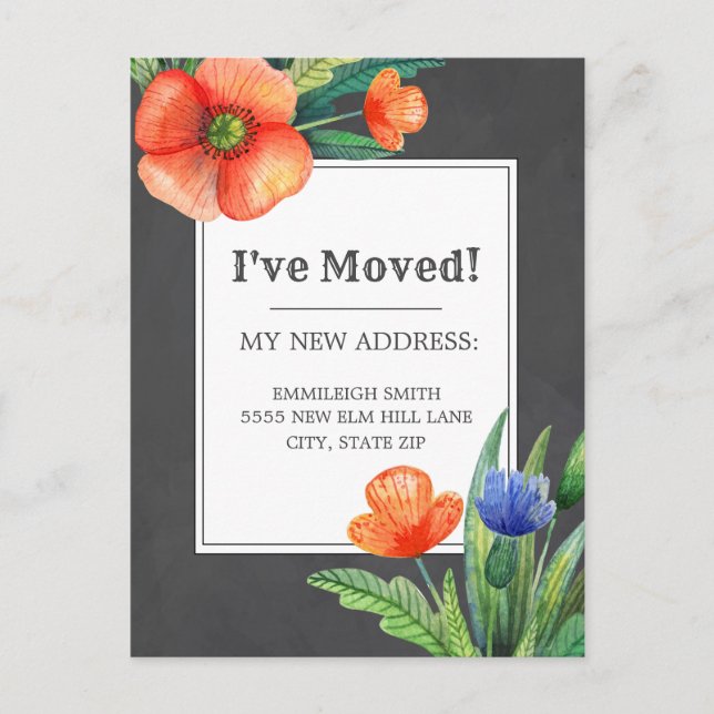 Carte Postale Fleur bleue orange Tableau noir Changement d'adres (Devant)