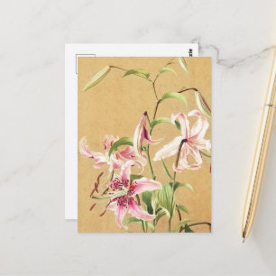 Carte Postale Fleur Botanique Art Déco Lys Oriental Rose Vintage
