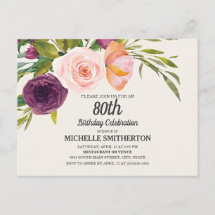 Carte Postale Fleur d'aquarelle pêche pourpre sur fond ivoire po