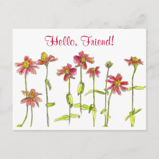 Carte Postale Fleur d'aquarelle Red Zinnia Hello Friend