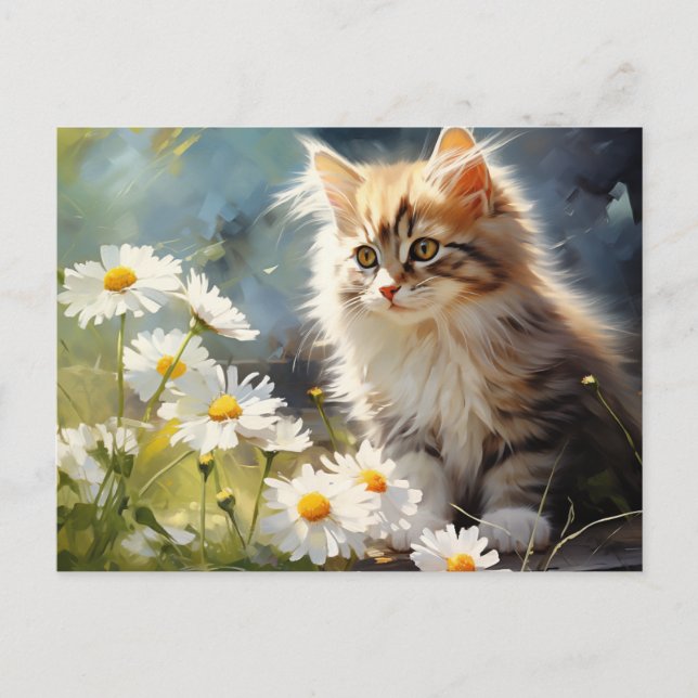 Carte Postale Fleur d'avril Naissance Marguerite et Chaton (Devant)