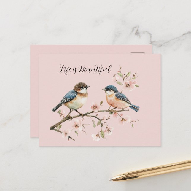 Carte Postale Fleur de cerisier Blue Birds  (Devant/Arrière en situation)