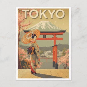 Carte Postale Fleur de cerisier vintage Tokyo Fuji
