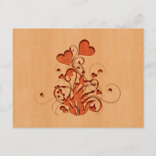 Carte Postale Fleur de coeur gravée sur le bois
