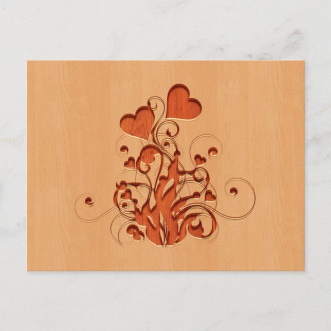 Carte Postale Fleur de coeur gravée sur le bois (Devant)