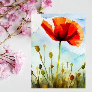 Carte Postale Fleur de coquelicot, pré, aquarelle, fleur