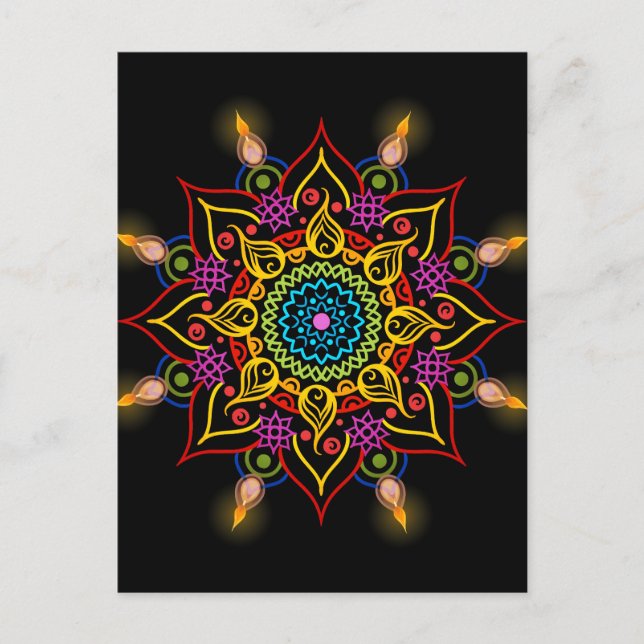 Carte Postale Fleur de Diwali Rangoli avec lampes à huile (Devant)