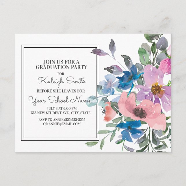 Carte Postale Fleur de graduation aquarelle bleue violette rose (Devant)